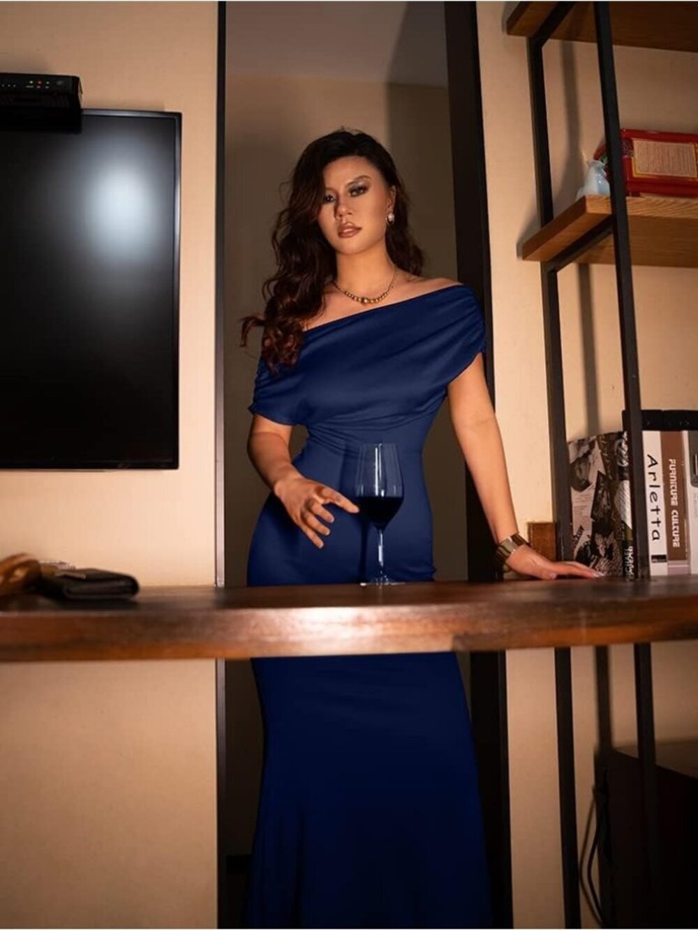 Women's Elegant Sleeveless Off Shoulder Bodycon Navy Long Formal Party Dress - Picture 5 of 7